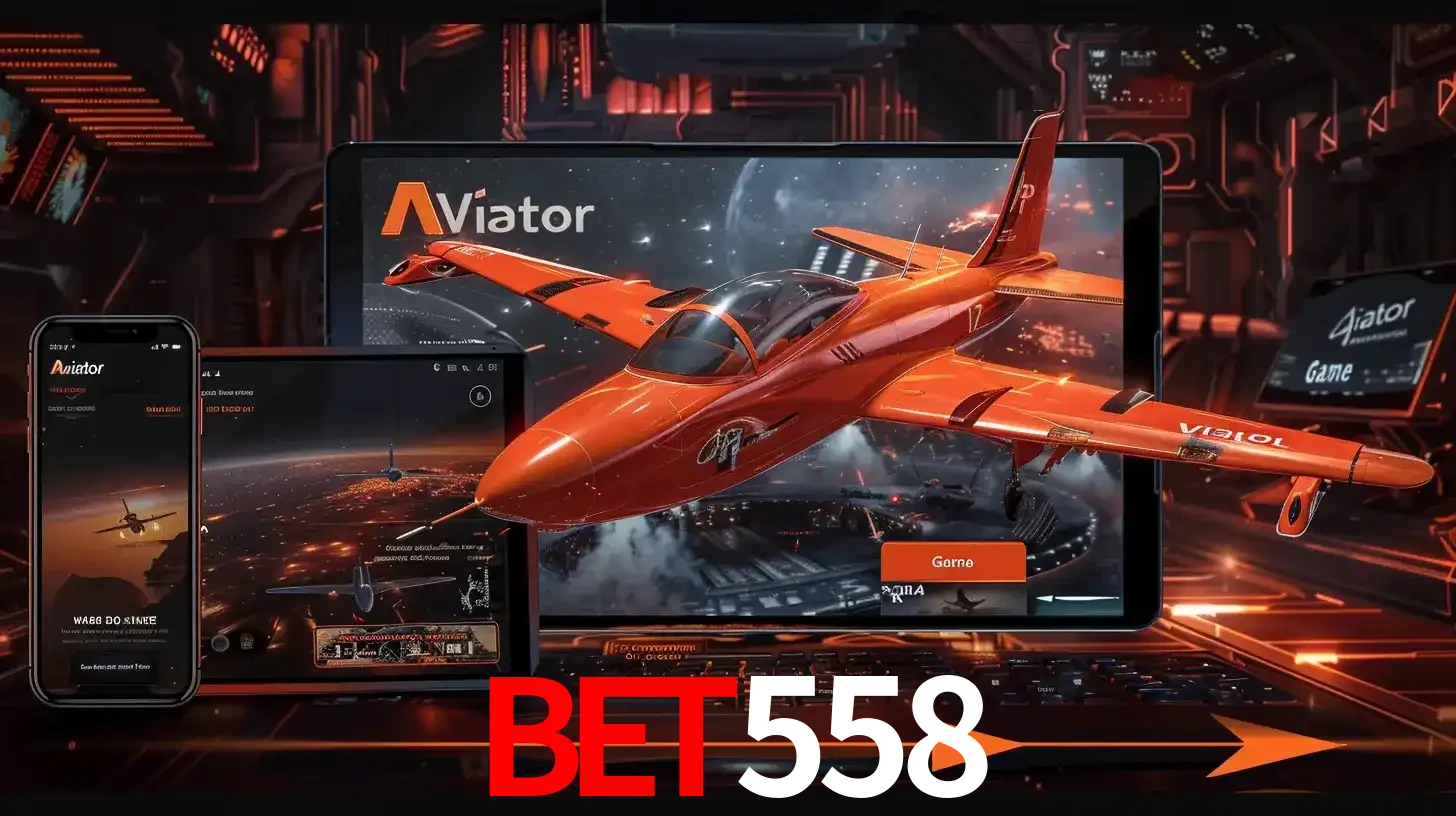 Apresentação tecnológica do jogo Aviator com um avião saindo da tela de um tablet, demonstrando a experiência imersiva em múltiplos dispositivos no BET558.