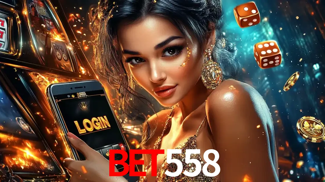 Mulher glamourosa segurando um celular com a tela de login do cassino BET558, rodeada por dados e moedas douradas, pronta para começar a diversão.