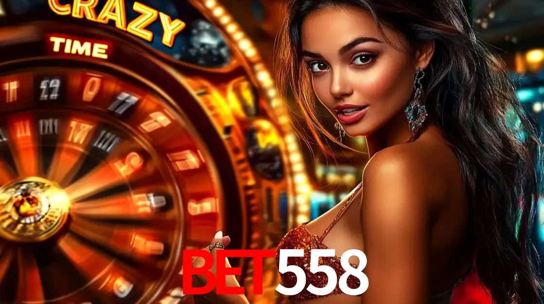Mulher ao lado da roda de prêmios do jogo de cassino ao vivo Crazy Time, um dos shows de jogos mais emocionantes oferecidos pela plataforma de apostas BET558.