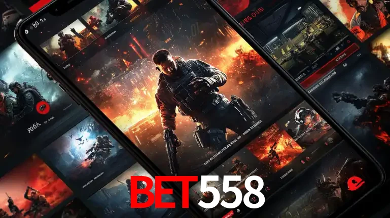 Tela de um celular exibindo uma galeria de jogos de tiro com temática militar, mostrando a variedade de e-sports disponíveis para apostas na plataforma de entretenimento BET558.