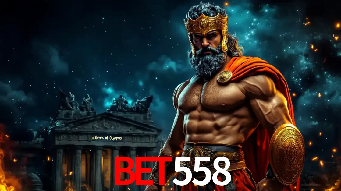O poderoso Zeus do jogo de slot Gates of Olympus em frente ao seu templo, pronto para lançar multiplicadores divinos e prêmios épicos no cassino online BET558.