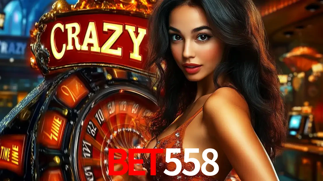 Mulher glamourosa olhando para a câmera com a roda vermelha do Crazy Time ao fundo em um ambiente de cassino, destacando a emoção dos jogos ao vivo no BET558.