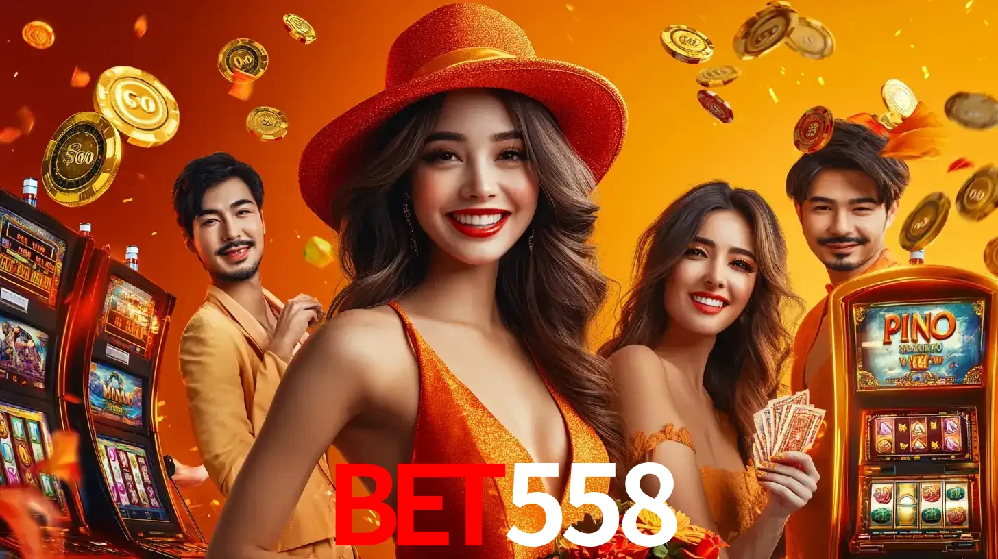 Grupo de amigos asiáticos sorrindo e se divertindo com máquinas de caça-níqueis em um ambiente festivo, celebrando suas vitórias nos jogos de cassino do BET558.