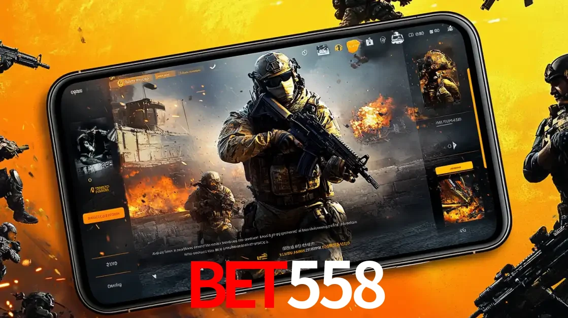 Um smartphone exibindo a interface de um jogo de tiro em primeira pessoa, com um soldado em um cenário de batalha, representando a ação dos e-sports para apostar no BET558.