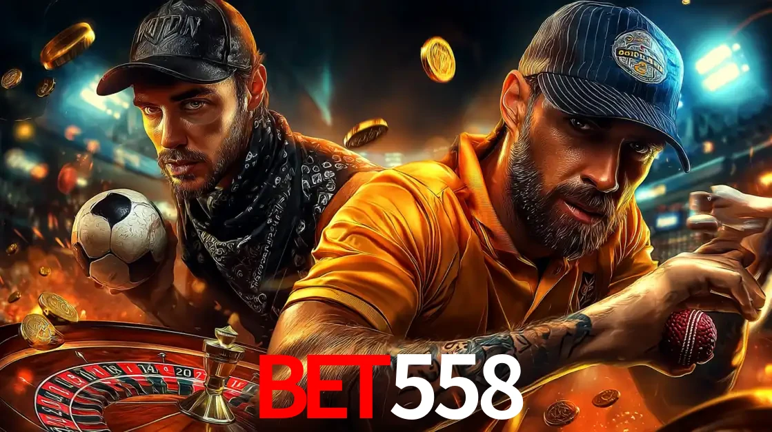 Montagem de apostas esportivas e cassino no BET558, com um homem segurando uma bola de futebol e outro uma de beisebol sobre uma roleta e moedas voadoras.