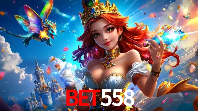 A princesa de um reino de fantasia mágico, com seu pequeno dragão, apresentando um mundo de prêmios encantados nos jogos de caça-níqueis do cassino BET558.
