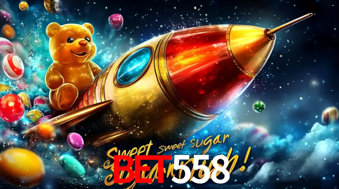 Arte promocional do jogo de slot Sugar Rush, com um urso de pelúcia em um foguete viajando pelo espaço de doces, um dos jogos divertidos disponíveis no cassino BET558.