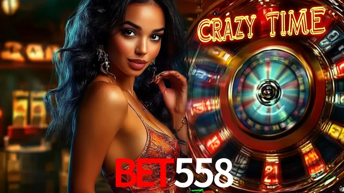 Mulher elegante ao lado da vibrante roda da fortuna do jogo de cassino ao vivo Crazy Time, um dos game shows mais populares e cheios de prêmios do BET558.