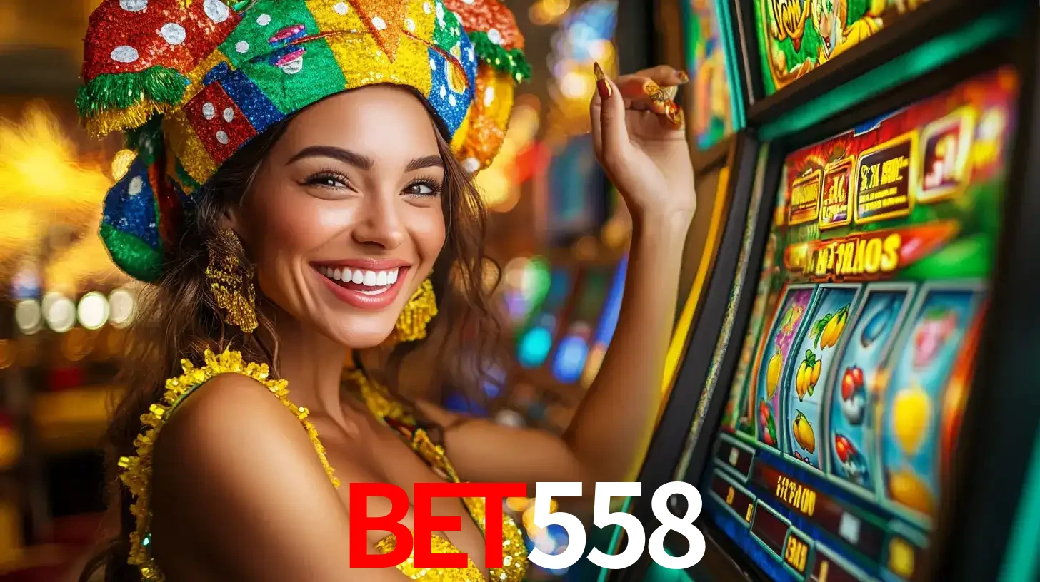 Mulher feliz com traje de carnaval amarelo e colorido ao lado de uma máquina de caça-níqueis, aproveitando a diversão e os jogos temáticos do cassino BET558.