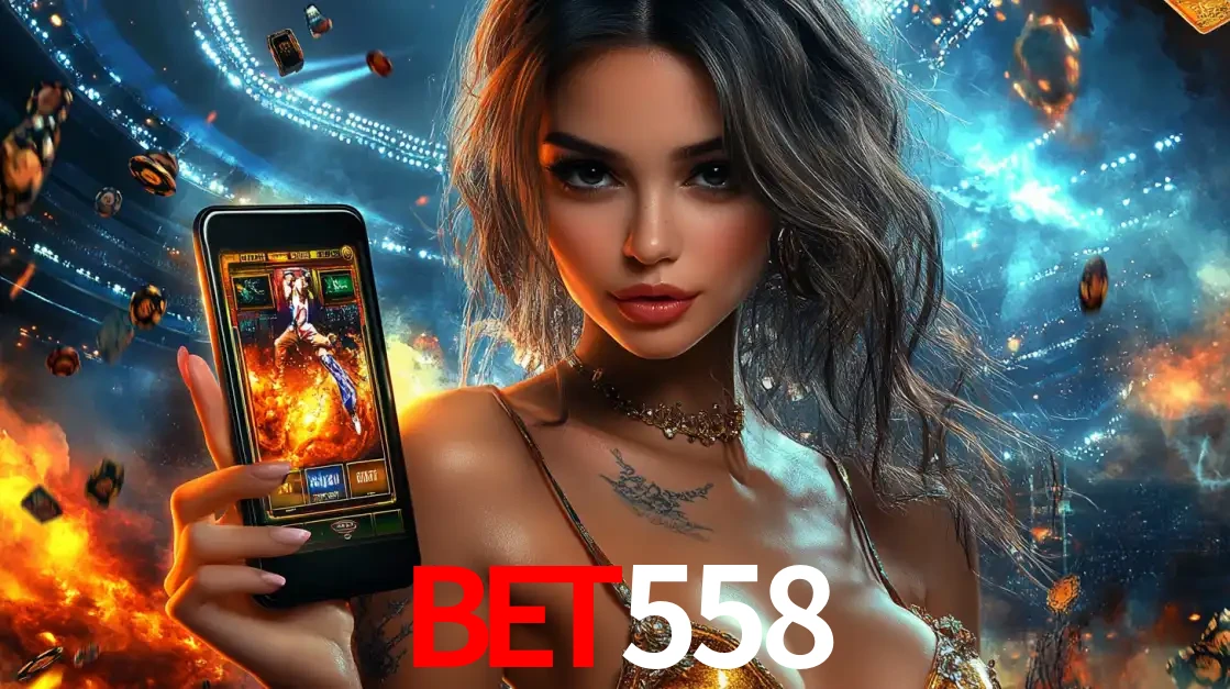 Mulher segurando um celular com um jogo de slot em destaque, tendo como fundo um estádio vibrante, simbolizando a emoção de jogar no cassino móvel BET558.