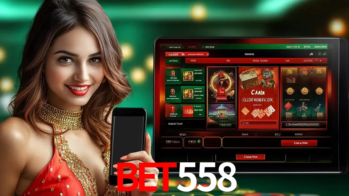 Mulher sorridente segurando um smartphone, ao lado de uma tela exibindo o lobby de jogos do cassino online BET558, com várias opções de jogos de cartas e slots.